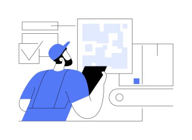 QR kodu soyut konsept vektör çizimi. QR jeneratörü çevrimiçi, QR kod okuma, depo modern teknoloji, otomatik envanter yönetim sistemleri, ürün bilgisi soyut metaforu.