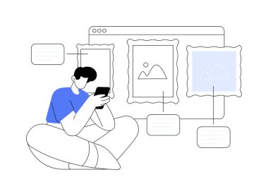 Sanal galeri turu soyut konsept vektör çizimi. Bedava sanal galeri turu, sanat eseri, çevrimiçi sergi deneyimi, sosyal mesafe, sanat terapisi, online eğitim soyut metafor.