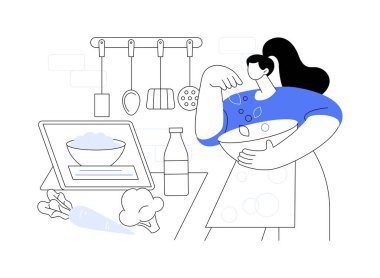 Karantina aşçılığı soyut konsept vektör çizimi. Aile tarifi, evde yemek pişirme, ev yapımı yemek pişirme, aşçılık becerileri, sosyal mesafeler, stres atma, video öğretim soyut metaforu..