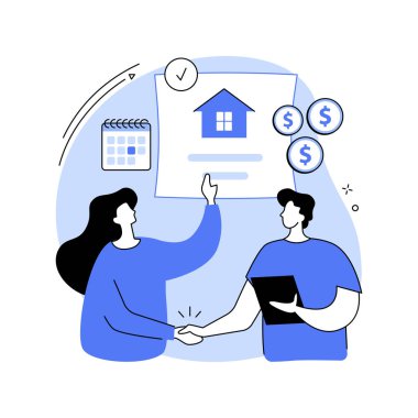 Bir emlak anlaşması yaparak karikatür vektör çizimlerini izole ettim. Ticari gayrimenkul alımı, firma temsilcisi ve müşterisi başarılı bir emlak anlaşmasına sahipler, iş adamları karikatür çiziyor..