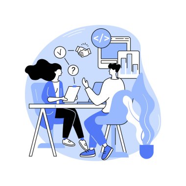 IT 'de kariyerime başlıyorum. İzole edilmiş çizgi film çizimleri. Bilişim şirketi İK müdürü genç uzmanla görüşüyor, küçük geliştirici bir pozisyona kabul edildi, kariyer büyüme fikri vektör karikatürü.