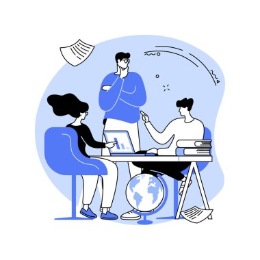 Öğrenci takım çalışması karikatür vektör çizimlerini izole etti. Birlikte ödev yapan bir grup üniversite öğrencisi, üniversitedeki arkadaşlarla eğitim süreci, akran eğitme vektör karikatürü.