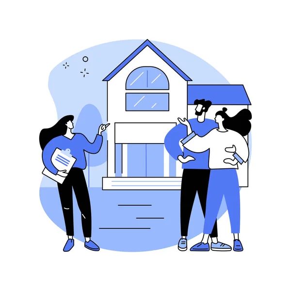 オープンハウス隔離された漫画のベクトルイラスト 顧客に家を示す不動産業者 販売のためのプロパティ 新しい家を選択する家族 不動産エージェントの仕事 購入エージェントベクトル漫画 — ストックベクタ