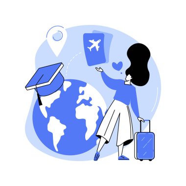 Exited about studies isolated cartoon vector illustrations. Smiling girl holding a world globe and tickets, happy about studies, education at a university college abroad vector cartoon. clipart