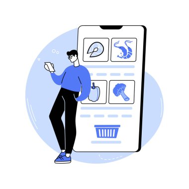 Çevrimiçi izole çizgi film çizimleri düzenliyorum. Ellerinde telefon tutan ve internetten yiyecek alan genç adam, İnternet üzerinden market alışverişi, kaldırım kenarı servis hizmeti karikatürü.