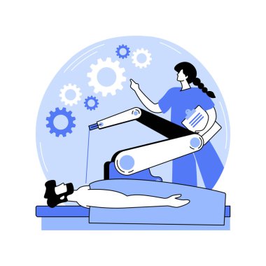 Cerrahi robot karikatür vektör çizimlerini izole etti. Adam hastanede ameliyat masasında yatıyor, robot destekli ameliyat, endüstri, modern teknoloji, sağlık hizmetleri yenilik vektörü çizgi filmi.