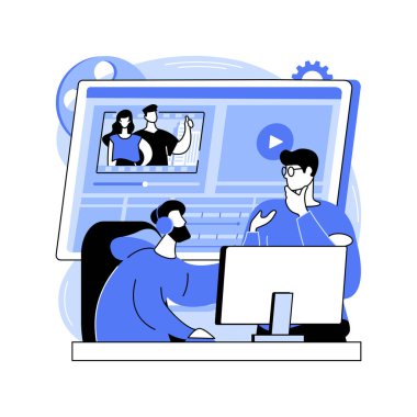 Video düzenleme yazılımı izole edilmiş karikatür vektör çizimleri. Bir grup insan prodüksiyon sonrası prodüksiyon için profesyonel kurgu yazılımı, bilişim teknolojisi, film yapımı süreci vektör karikatürü kullanıyor..