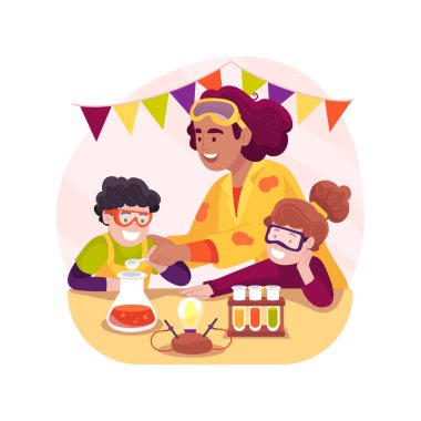 Bina STEM projeleri izole edilmiş karikatür vektör çizimi. STEM proje öğrenme etkinliği, birlikte inşa, çocuklar için bilim, okul öncesi ve sonrası program, anaokulu vektör karikatürü.