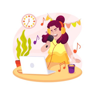 Online sınıfta şarkı söylemek izole edilmiş çizgi film çizimi. Müzik tiyatrosu sanal kampı, şarkı söyleme çevrimiçi kursu, çocuklar için sanat yaz programı, dijital eğitim, uzaktan öğrenme vektör karikatürü.