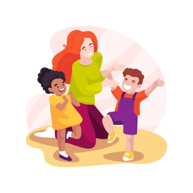 Tek ayak üzerinde dengelenmiş karikatür vektör çizimi. Tek ayak üstünde denge, erken eğitim, anaokulu aktivitesi, anaokulu motor geliştirme, fiziksel egzersiz vektör karikatürü.