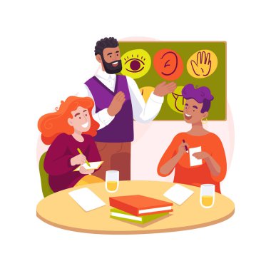 Eğitim uzmanı servisi karikatür vektör illüstrasyonunu izole etti. Ebeveyn eğitimi, bilgi merkezi, engelli çocuklar için eğitim, uzman danışmanlık hizmeti çizgi filmi.