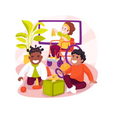 Bağımsız ev idaresi karikatür vektör çizimi. Çocuk oyuncakları temizlemeyi öğreniyor, günlük bakım merkezini kapsıyor, özel sağlık ihtiyaçları olan çocuklar, ev idaresi vektör çizgi filmini öğretiyor.