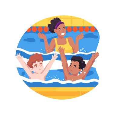 Yüzme havuzu karikatür vektör çizimi. Rehabilitasyon aktivitesi, kapsayıcı yüzme havuzu, engelli çocuklar için su egzersizi, motor bozukluğu, günlük bakım merkezi vektör karikatürü..