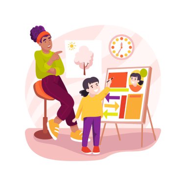 Portföy incelemesi izole edilmiş karikatür vektör çizimi. İlköğretim öğrenci portföyü, adı ile yaratıcı bir kapak yapan çocuk, iş koleksiyonu, öğretmen başarı çizgi filmi eleştirileri.