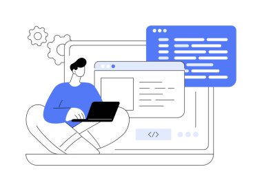 Web gelişimi soyut konsept vektör çizimi. Web sitesi mimarisi, web geliştirme şirketi, uygulama kodlaması, UI ve UX tasarımı, mobil uygulama konuşlandırması, programlama soyut metaforu.