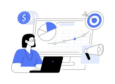 Dijital pazarlama stratejisi soyut konsept vektör çizimi. Marka anlayışı, sosyal medya içeriği kampanyası, ölçüm araçları, şirket hedeflerine ulaşmak, çevrimiçi pazarlama kanalları soyut metafor.