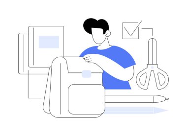 Okul soyut konsept vektör illüstrasyonunu sağlıyor. Okul alışveriş listesine, çevrimiçi toptancılığa, çocuk kırtasiyesine, onaylanmış tedarikçi materyallerine, sınıf ekipmanlarına ve soyut metaforlara geri dönelim..