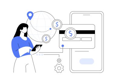 Para transferi soyut konsept vektör çizimi. Kredi kartı transferi, dijital ödeme yöntemi, çevrimiçi nakit ödeme servisi, elektronik banka işlemi, dünya çapında soyut metafor gönderme.