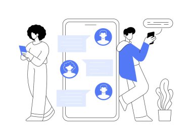 Mesajlaşma uygulaması soyut konsept vektör çizimi. Masaüstü uygulaması, cep telefonu sohbet uygulaması, mesajlaşma cep telefonu yumuşak, sosyal medya kuryesi, video çağrısı, sms soyut metafor.