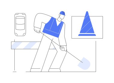 Yol, soyut konsept vektör çizimi ile çalışır. Yol yapımı ve onarımı, kısıtlı sürüş koşulları, kısmen otoyol kapatma, iş nedeniyle sapma, hız limiti tabelası soyut metafor.