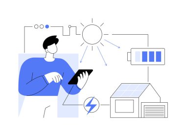 Güneş enerjisi soyut konsept vektör çizimi. Güneş paneli, elektrik santrali, alternatif elektrik kaynağı, radyan ışık, yapay fotosentez, güneş enerjisi, soyut metafor.