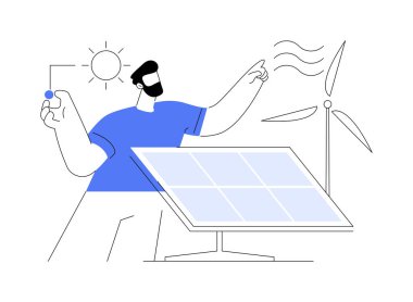 Yenilenebilir enerji soyut konsept vektör çizimi. Yenilenebilir enerji kaynakları, enerji kaynakları, kırsal temiz enerji hizmetleri, rüzgar türbini, güneş panelleri, eko yeşil ev soyut metaforu.