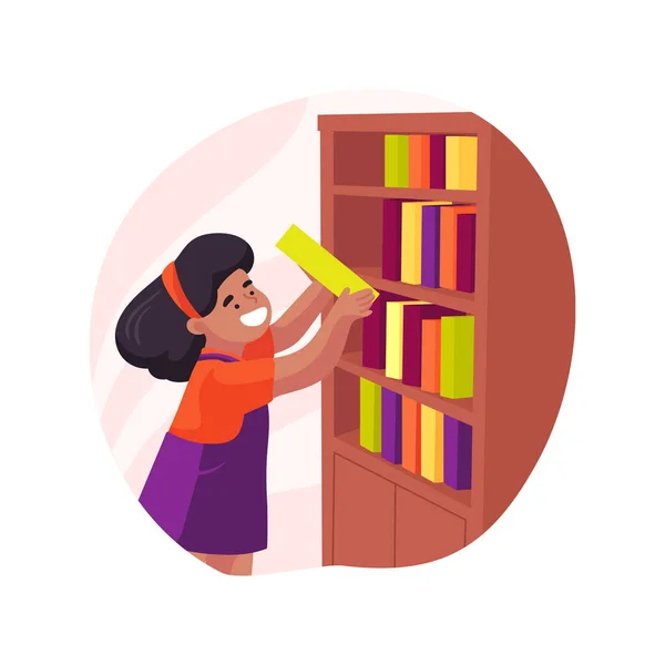 図書館の隔離された漫画のベクトル図で本を選ぶ 棚から本を選ぶ子供 図書館で読む 放課後学習 充実した活動 早期教育ベクトル漫画 — ストックベクタ