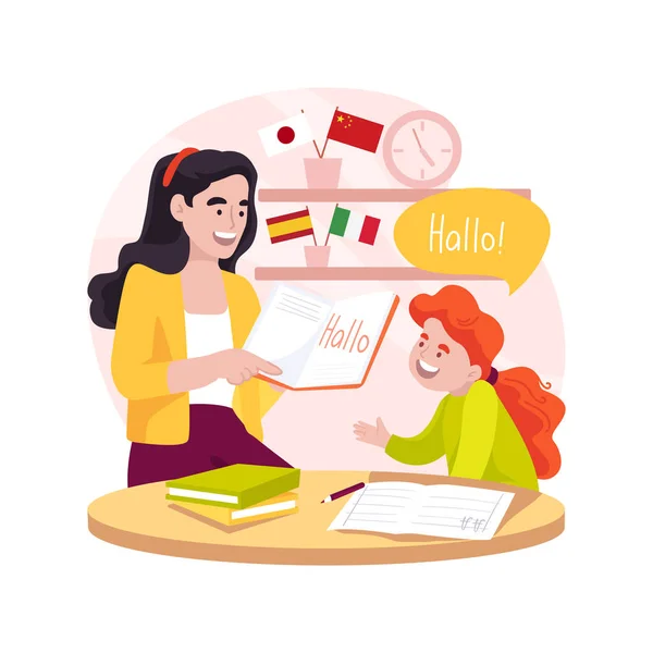 Foreign language tutor isolated cartoon vector illustration. Foreign languages education center, small flag at the table, tutor and student at the desk with book, private lesson vector cartoon.