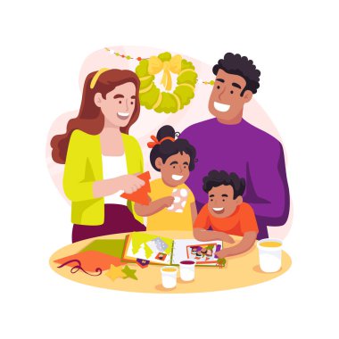 İzole edilmiş karikatür vektör çizimi tasarla. Aile geleneği, ev kutlaması, tasarım bayramı ve doğum günü kartları, diy tasarımı, hatıra defteri, masa karikatüründeki aile..