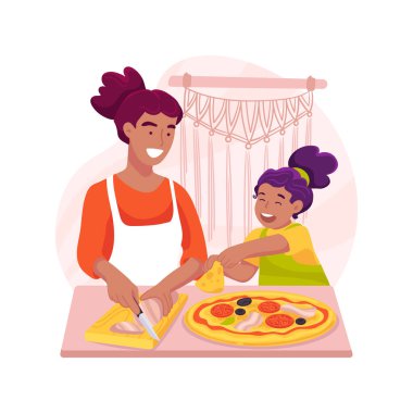 Pizza malzemeleri karikatür vektör illüstrasyonunu izole etti. Evde yemek hazırlamak, ev yapımı pizza, aile üyeleri tabanın üstüne peynir koymak, eğlenceli yemek pişirmek, malzeme vektör karikatürü olan masa..