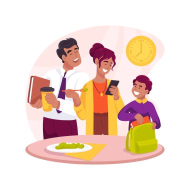 Sabah aciliyeti karikatür vektör çizimi. Yetişkinlerin işten önce acelesi var. Çocuklar kahvaltı yapıp etrafta koştururken. Günlük aile rutini..