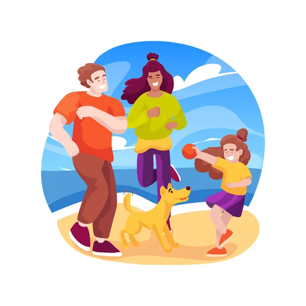 犬の楽しい孤立した漫画のベクトルイラスト 海辺でペットと遊ぶ家族 おもちゃのボールで波に飛び込む犬 水しぶきと楽しみ ビーチで歩く レジャータイムベクトル漫画 — ストックベクタ