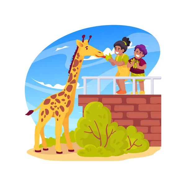 Feeding Giraffe Isolated Cartoon Vector Illustration Visiting Zoo Kid Giving — Image vectorielle