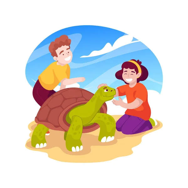 Kids Touching Turtle Isolated Cartoon Vector Illustration Zoo Adventure Having — Stock Vector