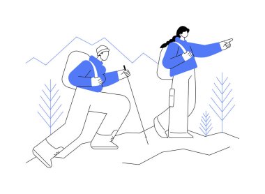 Soyut konsept vektör çizimi yürüyüşü. Aktif yaşam tarzı, dağ tırmanışı, açık hava kampı, yürüyüş yolu, kırsal yürüyüş, seyahat macerası, aşırı turizm, soyut seyahat metaforu.