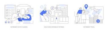 Emekli maaşı konsept vektör illüstrasyonuyla yaşamak. Emeklilik planlaması, emeklilerin sağlık giderleri, emeklilik seyahati, yaşlıların tıbbi bakımı, sigorta soyut metaforu.
