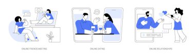 Sosyal bağlantı soyut konsept vektör illüstrasyon seti. Çevrimiçi arkadaş toplantısı, flört ve ilişkiler, video çağrısı, zoom konferansı, sosyal uzaklık, boş zaman, soyut metaforla buluşma.