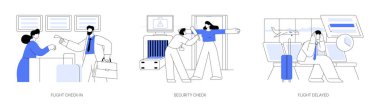 Business trip abstract concept vector illustration set. Flight check-in, security check, flight delayed, timetable information, business class travel, departure hall abstract metaphor.
