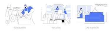 Moving company services abstract concept vector illustration set. Packing belongings, truck loading, large object moving, real estate business, packages transportation abstract metaphor.