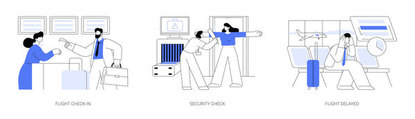 Business trip abstract concept vector illustration set. Flight check-in, security check, flight delayed, timetable information, business class travel, departure hall abstract metaphor.