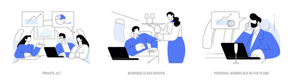 Business travel by plane abstract concept vector illustration set. Private jet, business class service, personal workplace in the plane, working luxury trip, vip passenger abstract metaphor.