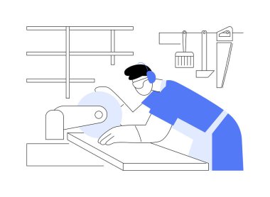 Marangoz hizmetleri soyut konsept vektör çizimi. Bina bakımı ve ev onarımı, mobilya tamiri, ahşap bölme, özel dolaplar, pencere çerçevesi, ahşap soyut metafor.