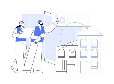 Eski binalar soyut konsept vektör illüstrasyonunu modernleştirir. Hizmet oluşturma, inşaat modernizasyon çözümleri, tarihi binaların yalıtımı, tasarım ekibi soyut metaforu.