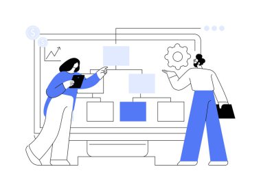 İş süreci yönetimi soyut konsept vektör çizimi. BPM görselleştirme yazılımı, iş analizi, işletim yönetimi, izleme otomasyonu, süreç optimizasyonu soyut metafor.