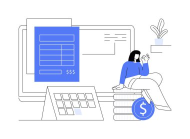 Soyut konsept vektör illüstrasyonu faturalandırılıyor. Elektronik fatura, e-fatura sistemi, e-fatura servisi, e-ekonomi aracı, finansal yazılım, dijital işlem, muhasebe soyut metaforu.