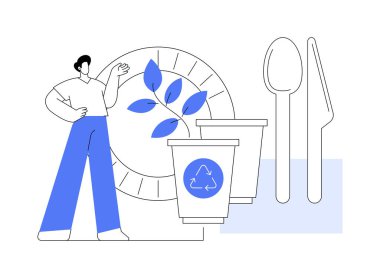 Biyolojik ayrıştırılabilir tek kullanımlık masa eşyası soyut konsept vektör çizimi. Mikro plastik pipetler, geri dönüşümlü materyaller, tabaklar ve kaseler, sıfır atık, çevre dostu masa takımı soyut metaforu.