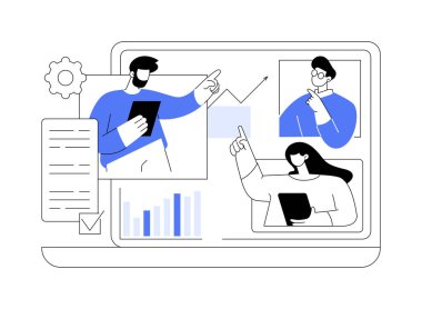 Çevrimiçi teknoloji soyut konsept vektör illüstrasyonundan bahsediyor. Teknik konular sunumlar, webinarlar, canlı gösteri, çevrimiçi sunum, web oturumu, sanal iletişim soyut metaforu.