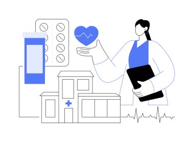 Kalp hastalığı tedavisi soyut konsept vektör çizimi. Göğüs ağrısı, kalp atışı sorunu, hasta tedavisi, profesyonel terapi ve hastane bakımı, ilaç ve haplar soyut metafor.