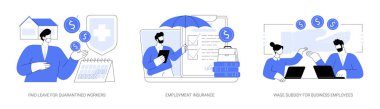 Karantinaya alınmış işçi konsept vektör çizimi için hükümet desteği. Ücretli izin, iş sigortası, iş çalışanlarına maaş desteği, hastalık yardımları soyut metafor.