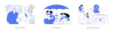 Aile bütçesi soyut konsept vektör çizimi seti. Emeklilik planı, aile yardımı, ebeveynlik parası, emeklilik planı, çocuk başına ödeme, annelik izni, finans danışmanı soyut metafor.
